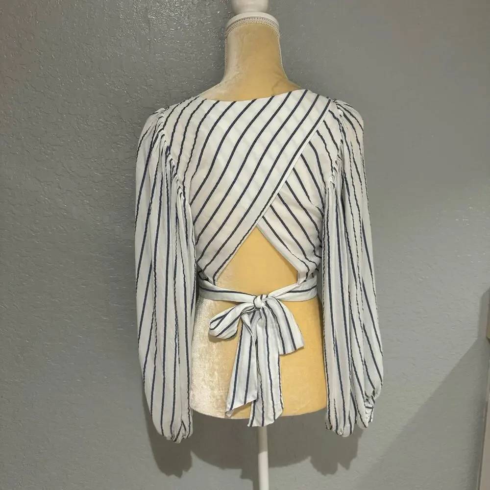 Zara White Striped Seersucker Balloon Sleeve Crop Top Size S White/Blue